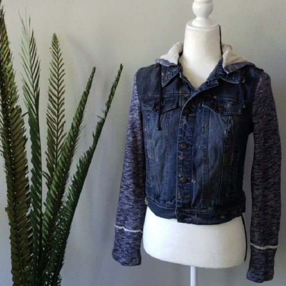 Free People denim jacket with fabric hoodie and sleeves NWT - Picture 2 of 5